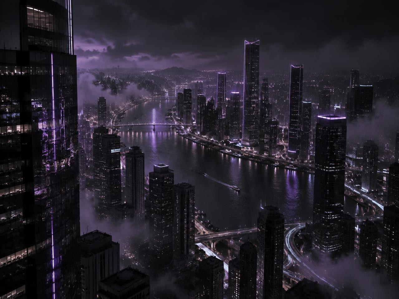 Aerial view of a city at night lit by faint violet light